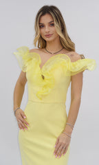 Rochie galbenă midi cu volane din organza