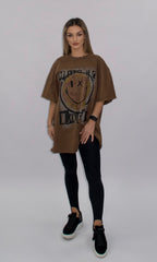 Tricou oversize maro Cera cu imprimeu grafic smiley