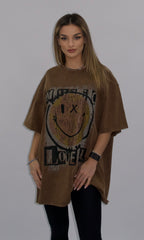 Tricou oversize maro Cera cu imprimeu grafic smiley