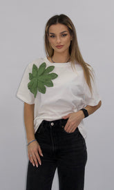 Tricou alb Genis cu aplicație florală 3D verde