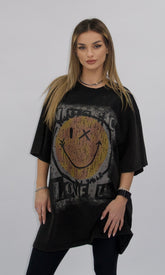 Tricou oversize gri închis Cera cu imprimeu smiley