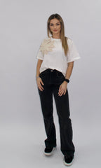 Tricou alb Genis cu aplicație florală 3D crem