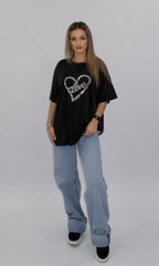 Tricou oversize negru Veronis cu imprimeu inimă din paiete argintii