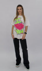 Tricou oversize alb Destiny cu imprimeu colorat handmade