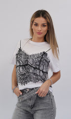 Tricou alb Heina cu imprimeu de dantelă