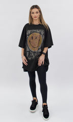 Tricou oversize gri închis Cera cu imprimeu smiley