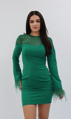 Rochie verde scurtă cu pene și tull cu aplicații strălucitoare