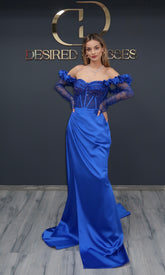 Rochie de seară albastru regal cu corset brodat și mâneci din dantelă