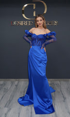 Rochie de seară albastru regal cu corset brodat și mâneci din dantelă