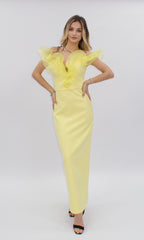 Rochie galbenă midi cu volane din organza