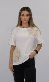 Tricou alb Feli cu aplicații florale 3D brodate
