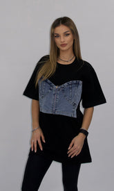 Tricou oversize negru Genia cu corset denim aplicat