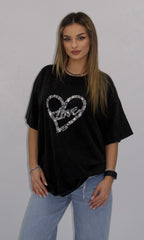 Tricou oversize negru Veronis cu imprimeu inimă din paiete argintii