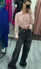 Blugi negri wide leg cu talie înaltă și șiret decorativ