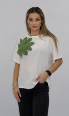 Tricou alb Genis cu aplicație florală 3D verde