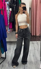 Blugi negri wide leg cu talie înaltă și șiret decorativ