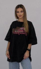 Tricou oversize negru cu imprimeu „Tranquillity"