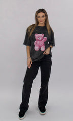 Tricou oversize gri Cesi cu imprimeu ursuleț roz