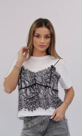 Tricou alb Heina cu imprimeu de dantelă