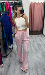 Pantaloni roz cu talie elastică și croială lejeră