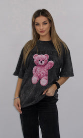 Tricou oversize gri Cesi cu imprimeu ursuleț roz