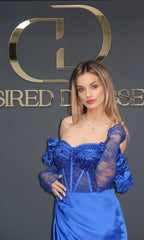 Rochie de seară albastru regal cu corset brodat și mâneci din dantelă