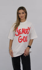 Tricou oversize alb Sena cu imprimeu roșu Beauty God