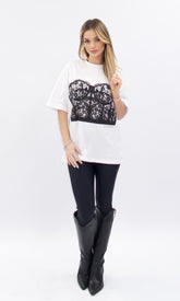 Tricou Jena alb oversized cu imprimeu dantelă