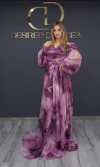 Rochie Meiris mov lila din voal cu umeri decorați