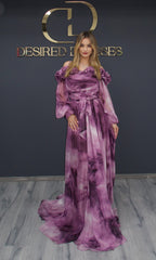 Rochie Meiris mov lila din voal cu umeri decorați