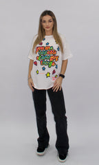 Tricou oversize alb Vera cu imprimeu colorat handmade